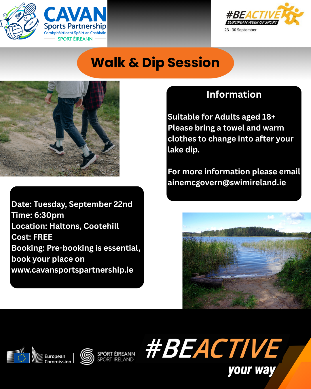 Poster shows a lake and two people walking